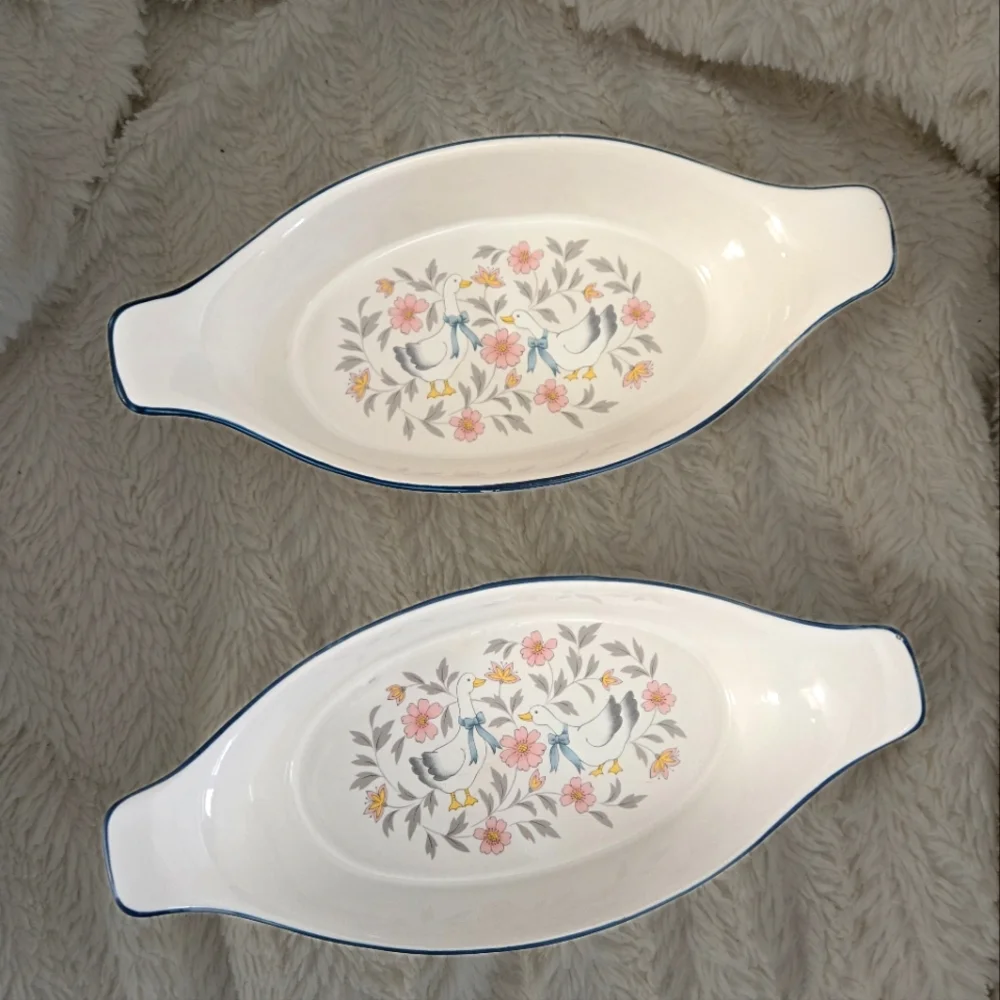 Vintage Stoneware Japan Baking Dish Goose Flowers Set Of Two